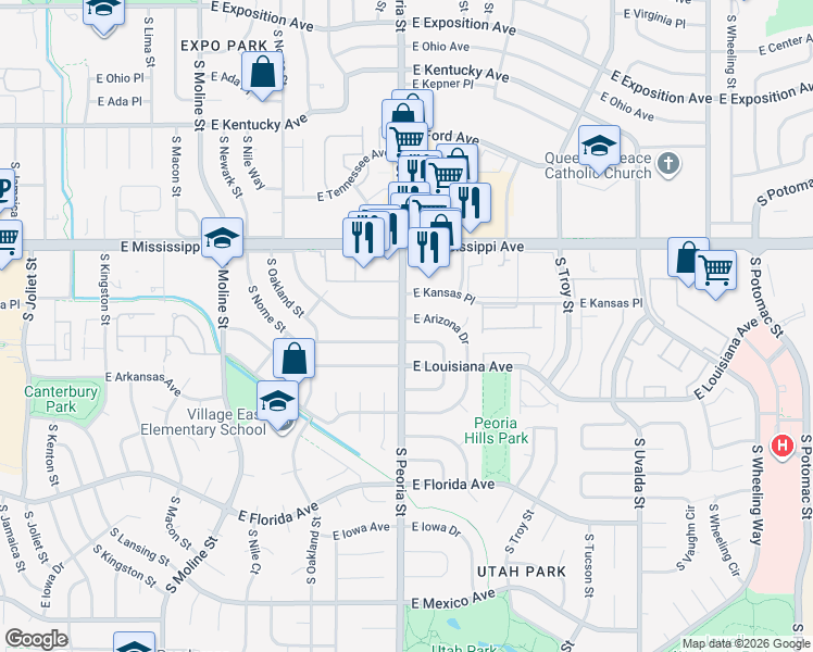 map of restaurants, bars, coffee shops, grocery stores, and more near 12109 East Arizona Drive in Aurora
