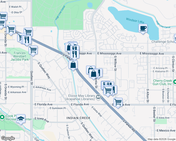 map of restaurants, bars, coffee shops, grocery stores, and more near 1302 South Parker Road in Denver