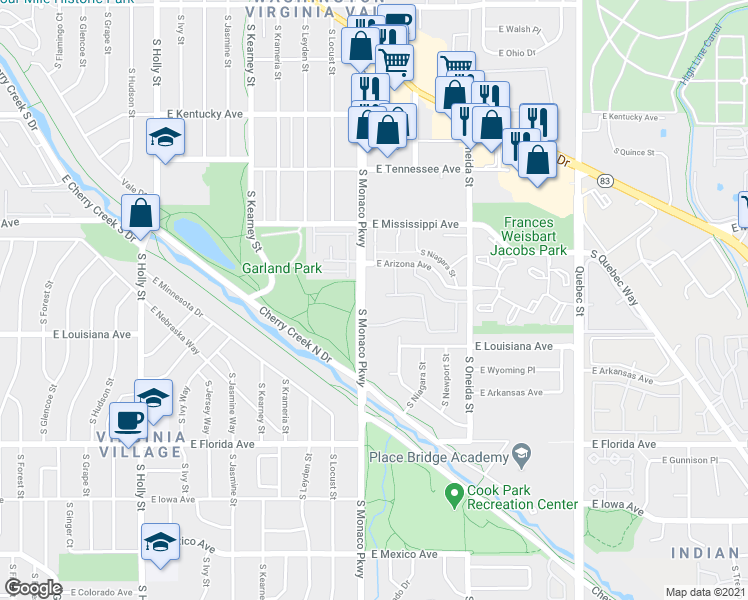 map of restaurants, bars, coffee shops, grocery stores, and more near in Denver