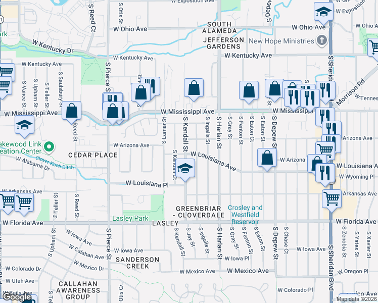 map of restaurants, bars, coffee shops, grocery stores, and more near 1227 South Kendall Street in Denver