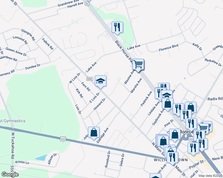 map of restaurants, bars, coffee shops, grocery stores, and more near Maxine Avenue in Monroe Township