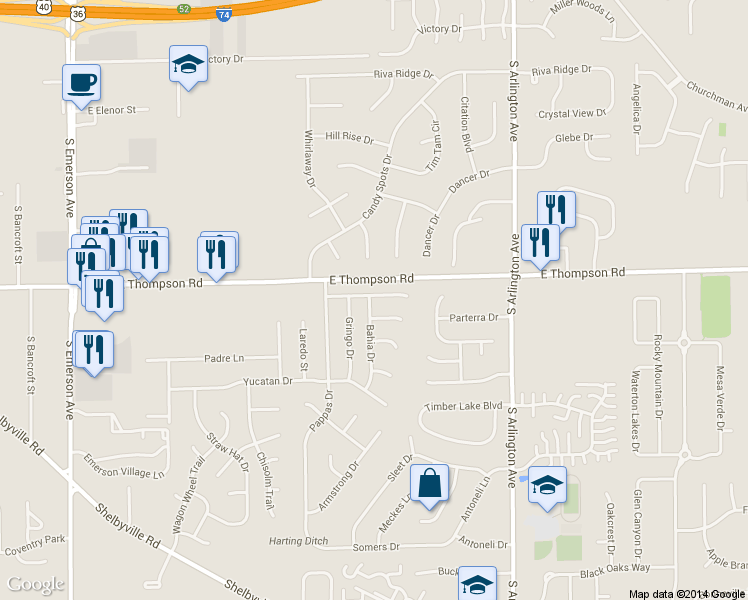 map of restaurants, bars, coffee shops, grocery stores, and more near 5626 Ensenada Avenue in Indianapolis