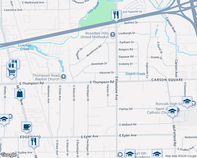 map of restaurants, bars, coffee shops, grocery stores, and more near 2227 Hanover Drive in Indianapolis
