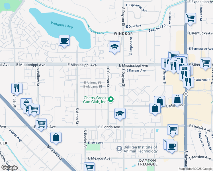 map of restaurants, bars, coffee shops, grocery stores, and more near 9427 East Arizona Place in Denver