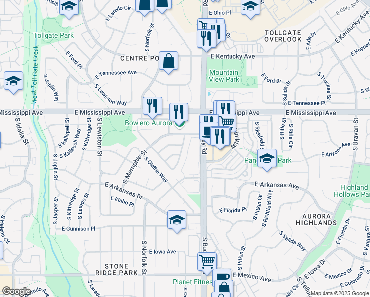 map of restaurants, bars, coffee shops, grocery stores, and more near 16763 East Arizona Place in Aurora