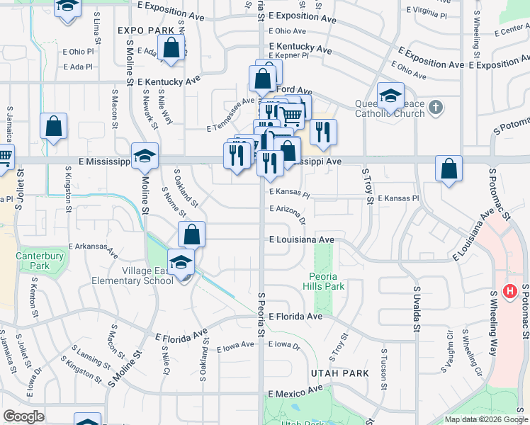 map of restaurants, bars, coffee shops, grocery stores, and more near 12109 East Arizona Drive in Aurora