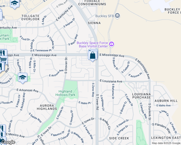 map of restaurants, bars, coffee shops, grocery stores, and more near 1254 South Zeno Way in Aurora