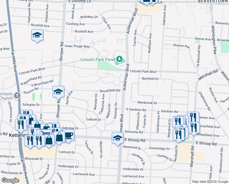 map of restaurants, bars, coffee shops, grocery stores, and more near 817 Brookfield Road in Dayton