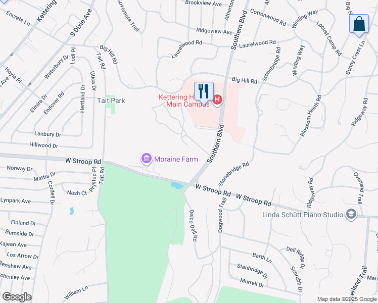 map of restaurants, bars, coffee shops, grocery stores, and more near 3965 Southern Boulevard in Dayton