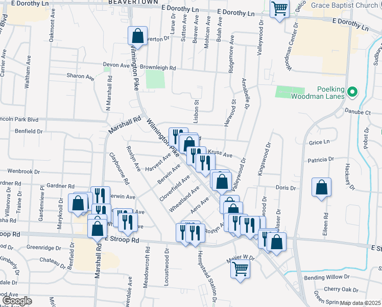 map of restaurants, bars, coffee shops, grocery stores, and more near 1701 Kruss Avenue in Kettering