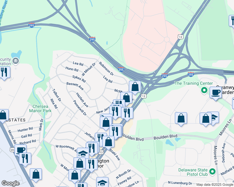 map of restaurants, bars, coffee shops, grocery stores, and more near 1608 New Jersey Avenue in Wilmington Manor