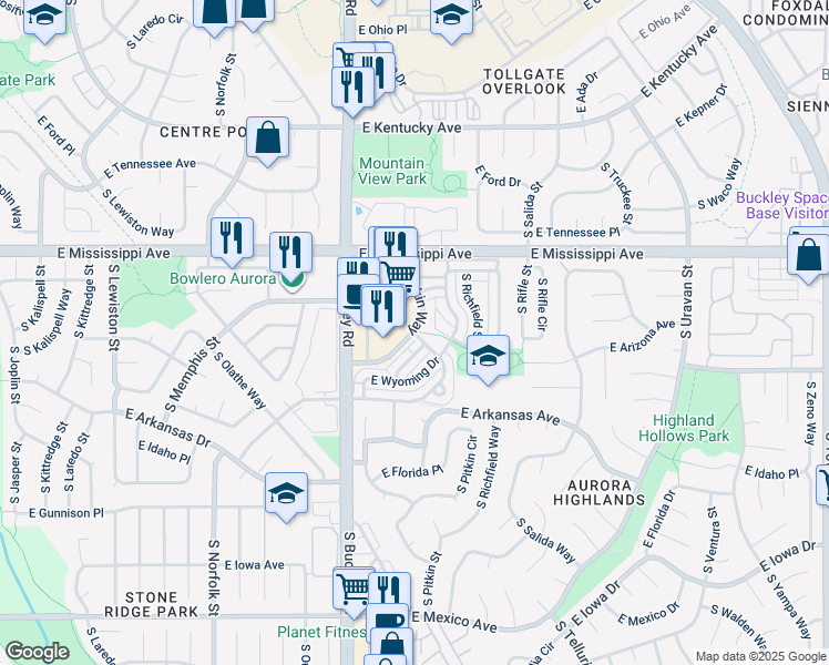 map of restaurants, bars, coffee shops, grocery stores, and more near South Quintero Way in Aurora