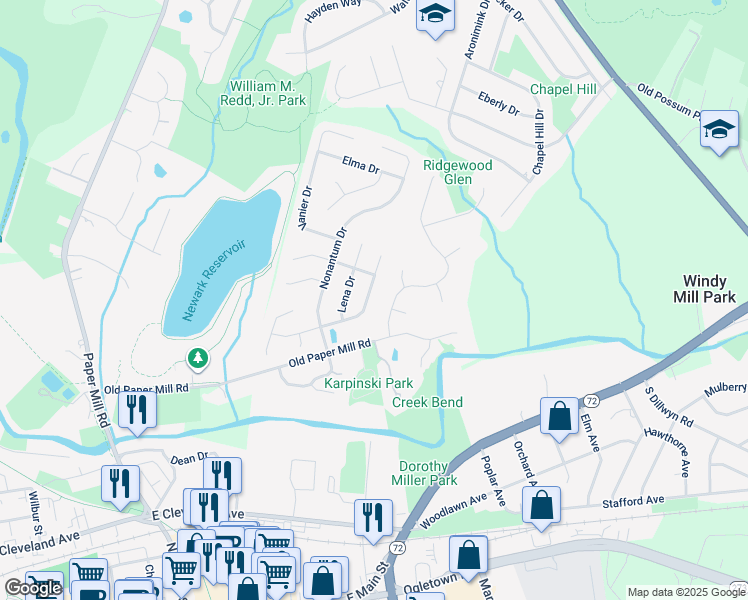 map of restaurants, bars, coffee shops, grocery stores, and more near 113 Wilkerdean Drive East in Newark