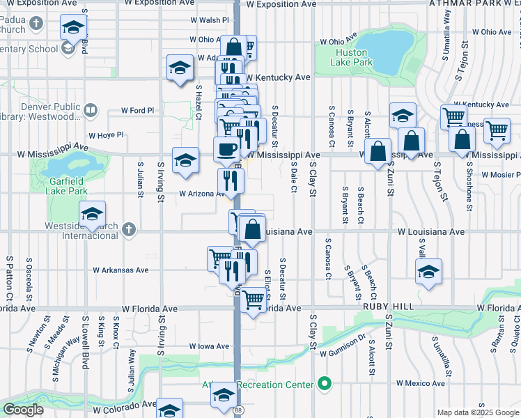 map of restaurants, bars, coffee shops, grocery stores, and more near 1222 South Federal Boulevard in Denver
