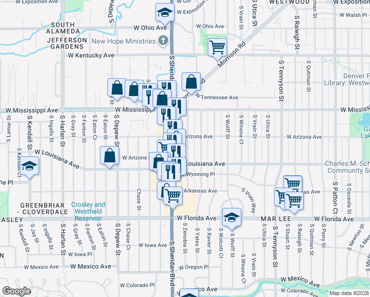 map of restaurants, bars, coffee shops, grocery stores, and more near 1225 South Zenobia Street in Denver