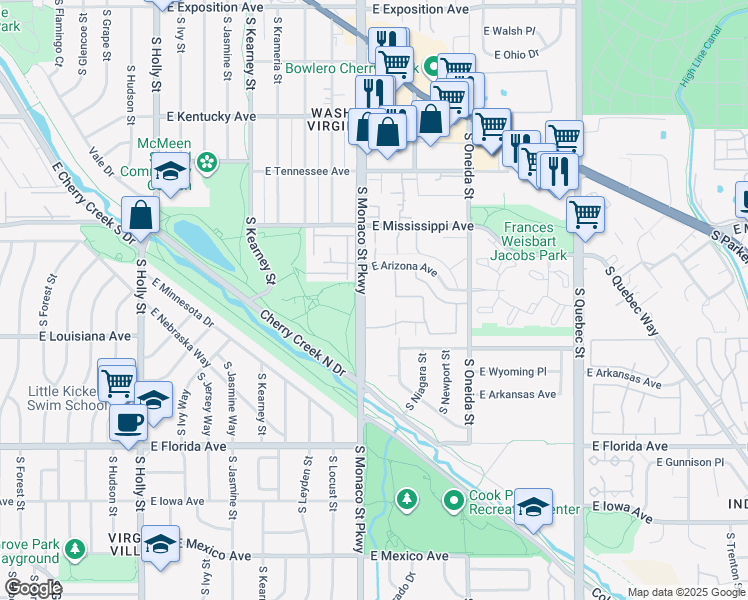 map of restaurants, bars, coffee shops, grocery stores, and more near 1226 South Monaco Parkway in Denver