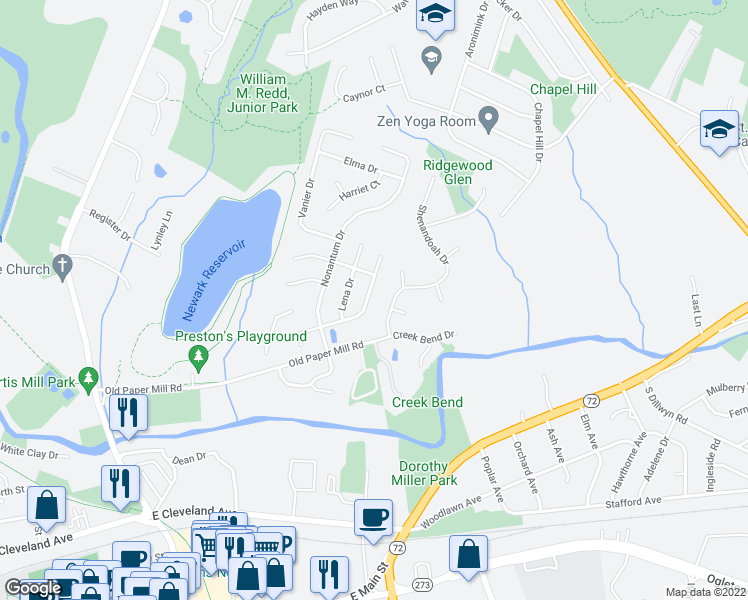 map of restaurants, bars, coffee shops, grocery stores, and more near 113 Wilkerdean Drive East in Newark