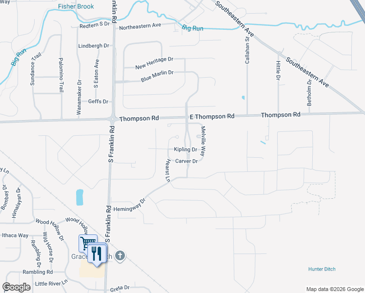 map of restaurants, bars, coffee shops, grocery stores, and more near 8750 Kipling Drive in Indianapolis