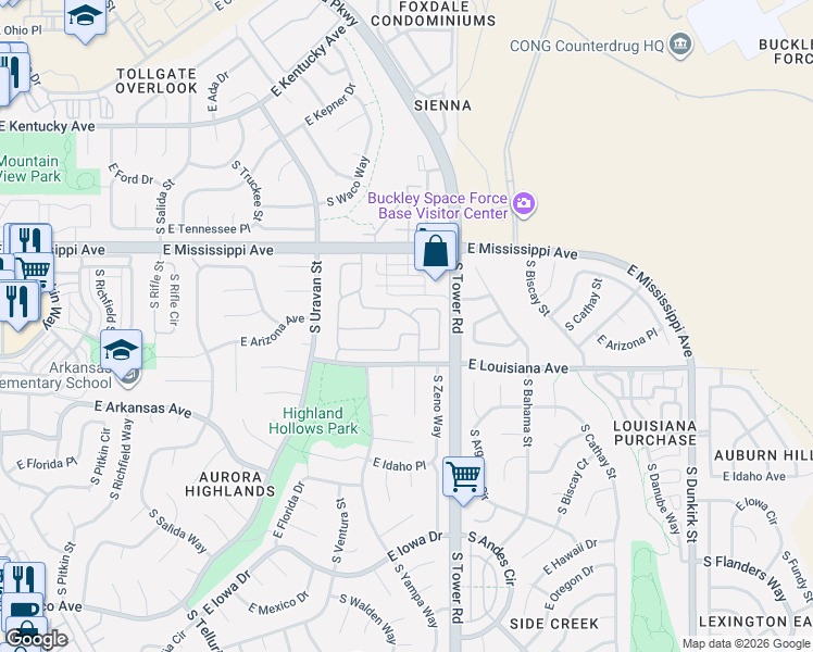map of restaurants, bars, coffee shops, grocery stores, and more near 1203A South Zeno Way in Aurora