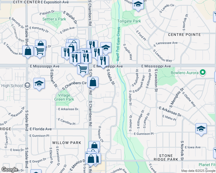map of restaurants, bars, coffee shops, grocery stores, and more near 1204 South Idalia Street in Aurora