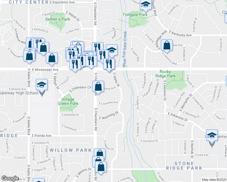 map of restaurants, bars, coffee shops, grocery stores, and more near 15402 East Arizona Avenue in Aurora