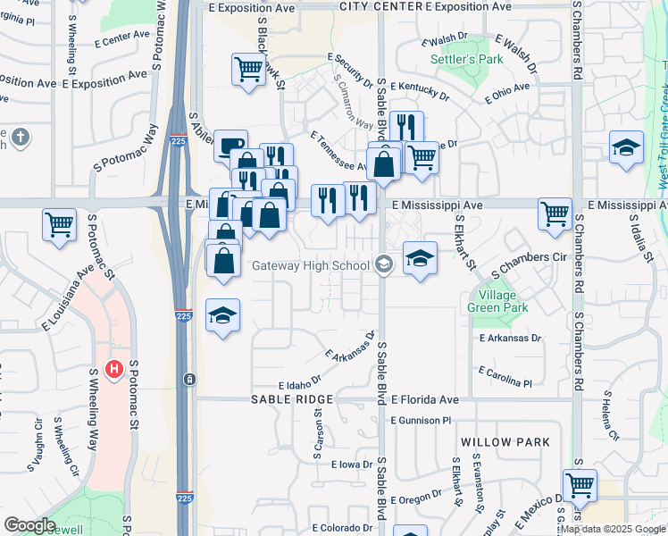map of restaurants, bars, coffee shops, grocery stores, and more near 14289 East Arizona Avenue in Aurora