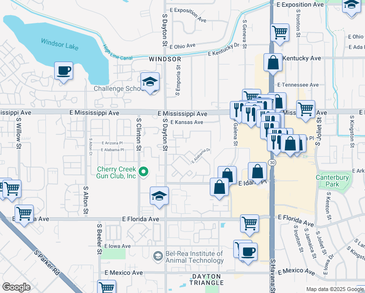 map of restaurants, bars, coffee shops, grocery stores, and more near 1250 South Dayton Court in Denver