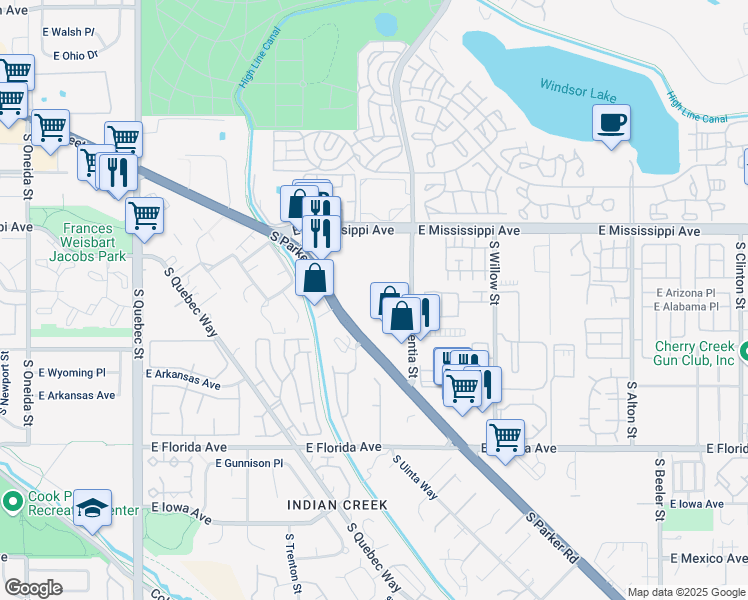 map of restaurants, bars, coffee shops, grocery stores, and more near 1302 South Parker Road in Denver