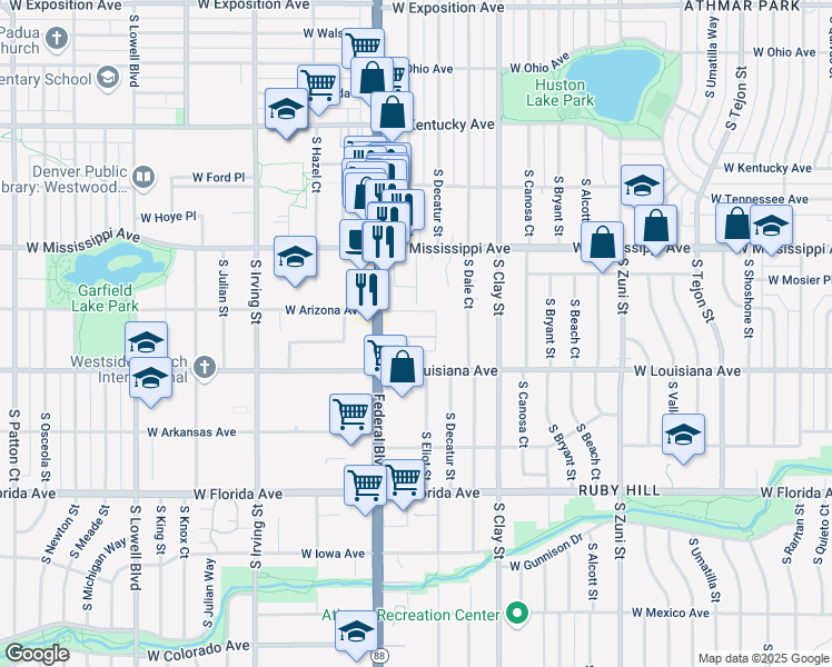 map of restaurants, bars, coffee shops, grocery stores, and more near 1212 South Federal Boulevard in Denver