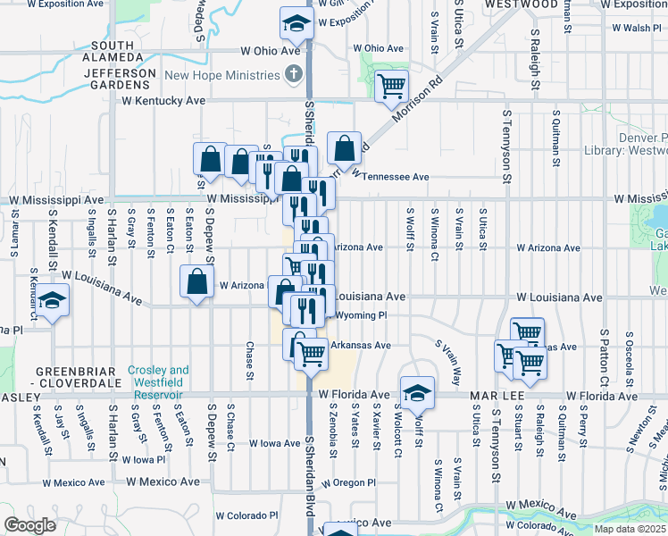 map of restaurants, bars, coffee shops, grocery stores, and more near 1225 South Zenobia Street in Denver