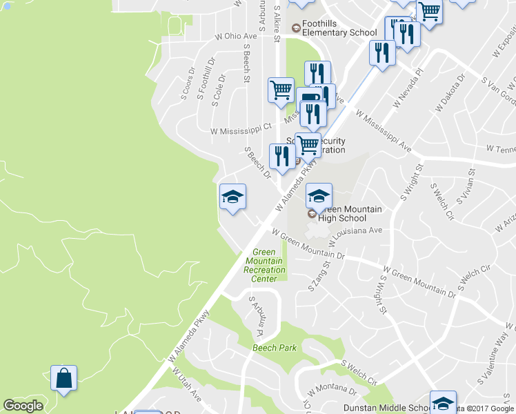 map of restaurants, bars, coffee shops, grocery stores, and more near 1193 South Beech Drive in Lakewood