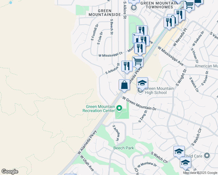 map of restaurants, bars, coffee shops, grocery stores, and more near 13355 West Alameda Parkway in Lakewood