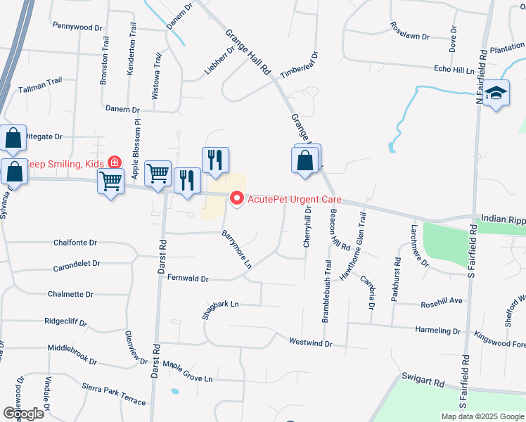 map of restaurants, bars, coffee shops, grocery stores, and more near 3839 Indian Ripple Road in Dayton