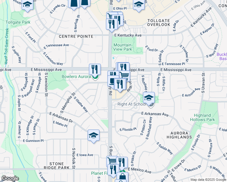 map of restaurants, bars, coffee shops, grocery stores, and more near 1240 South Buckley Road in Aurora