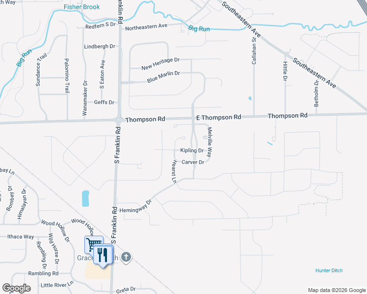 map of restaurants, bars, coffee shops, grocery stores, and more near 8750 Kipling Drive in Indianapolis