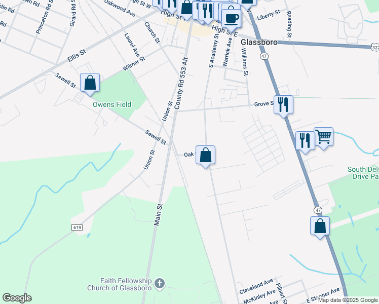 map of restaurants, bars, coffee shops, grocery stores, and more near 13 Oak Street in Glassboro