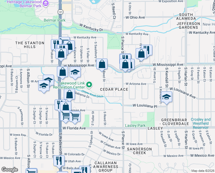 map of restaurants, bars, coffee shops, grocery stores, and more near 1246 South Reed Street in Lakewood