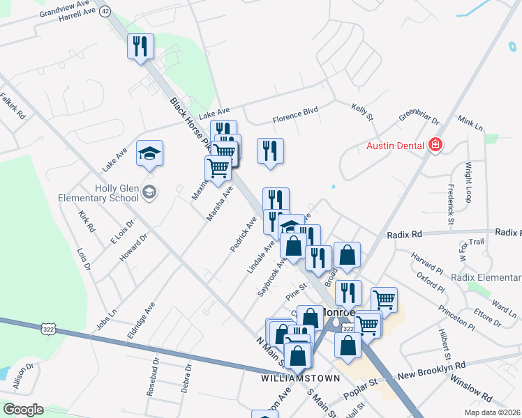 map of restaurants, bars, coffee shops, grocery stores, and more near 598 North Black Horse Pike in Monroe Township