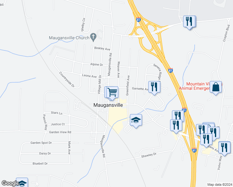 map of restaurants, bars, coffee shops, grocery stores, and more near 13816 Weaver Avenue in Maugansville