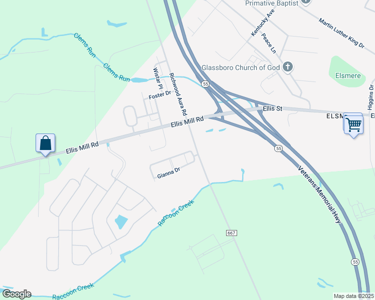map of restaurants, bars, coffee shops, grocery stores, and more near 1118 Gianna Drive in Glassboro