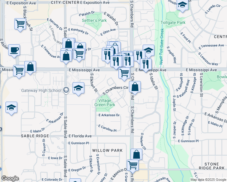map of restaurants, bars, coffee shops, grocery stores, and more near 15025 East Louisiana Drive in Aurora
