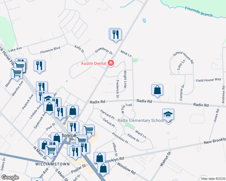 map of restaurants, bars, coffee shops, grocery stores, and more near 18 Wright Loop in Monroe