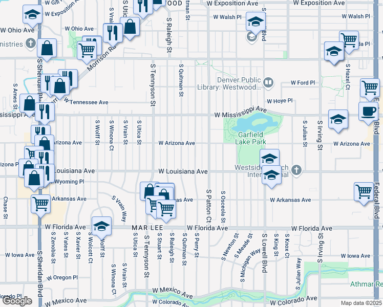 map of restaurants, bars, coffee shops, grocery stores, and more near 1213 South Perry Street in Denver