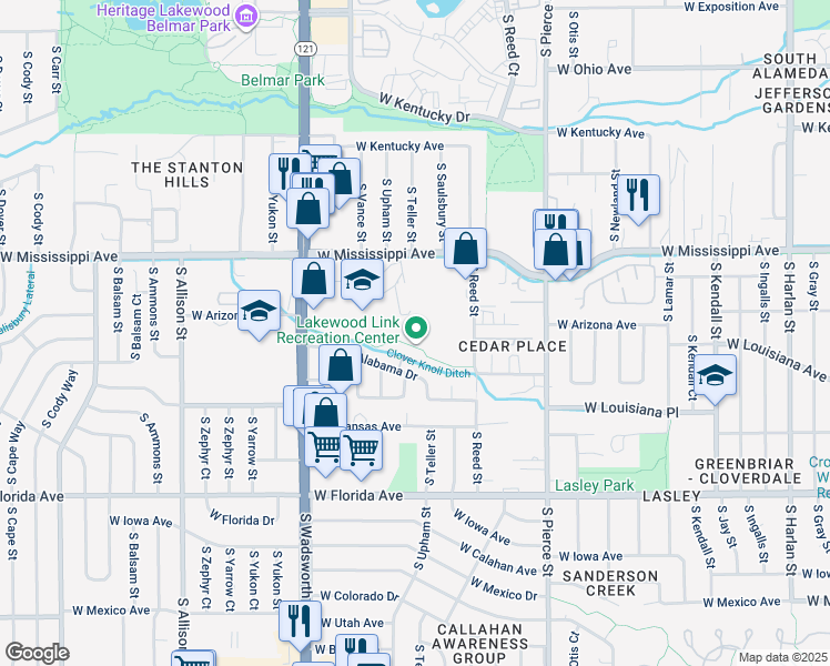 map of restaurants, bars, coffee shops, grocery stores, and more near 1295 South Reed Street in Lakewood