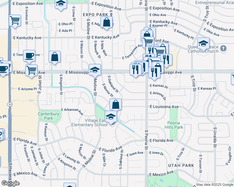 map of restaurants, bars, coffee shops, grocery stores, and more near 1167 South Oakland Street in Aurora