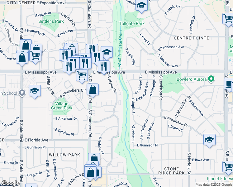 map of restaurants, bars, coffee shops, grocery stores, and more near 1204 South Idalia Street in Aurora