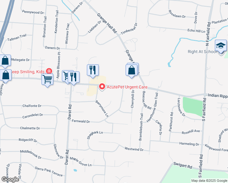 map of restaurants, bars, coffee shops, grocery stores, and more near 3839 Indian Ripple Road in Dayton