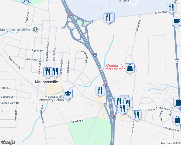map of restaurants, bars, coffee shops, grocery stores, and more near 18307 Ashley Drive in Hagerstown