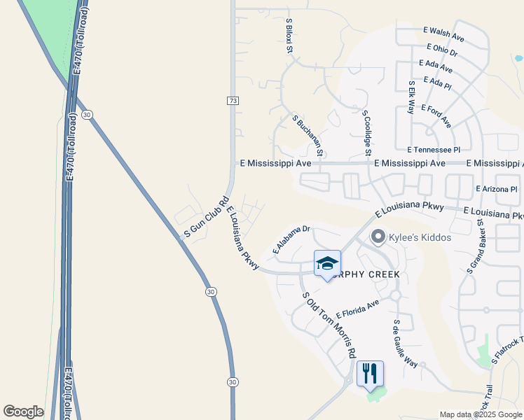 map of restaurants, bars, coffee shops, grocery stores, and more near East Louisiana Parkway in Aurora