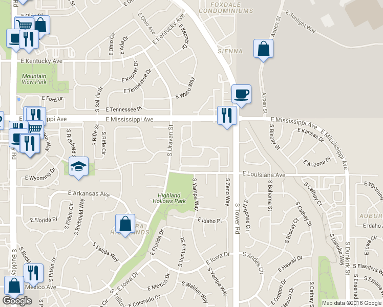 map of restaurants, bars, coffee shops, grocery stores, and more near 1180 South Waco Street in Aurora